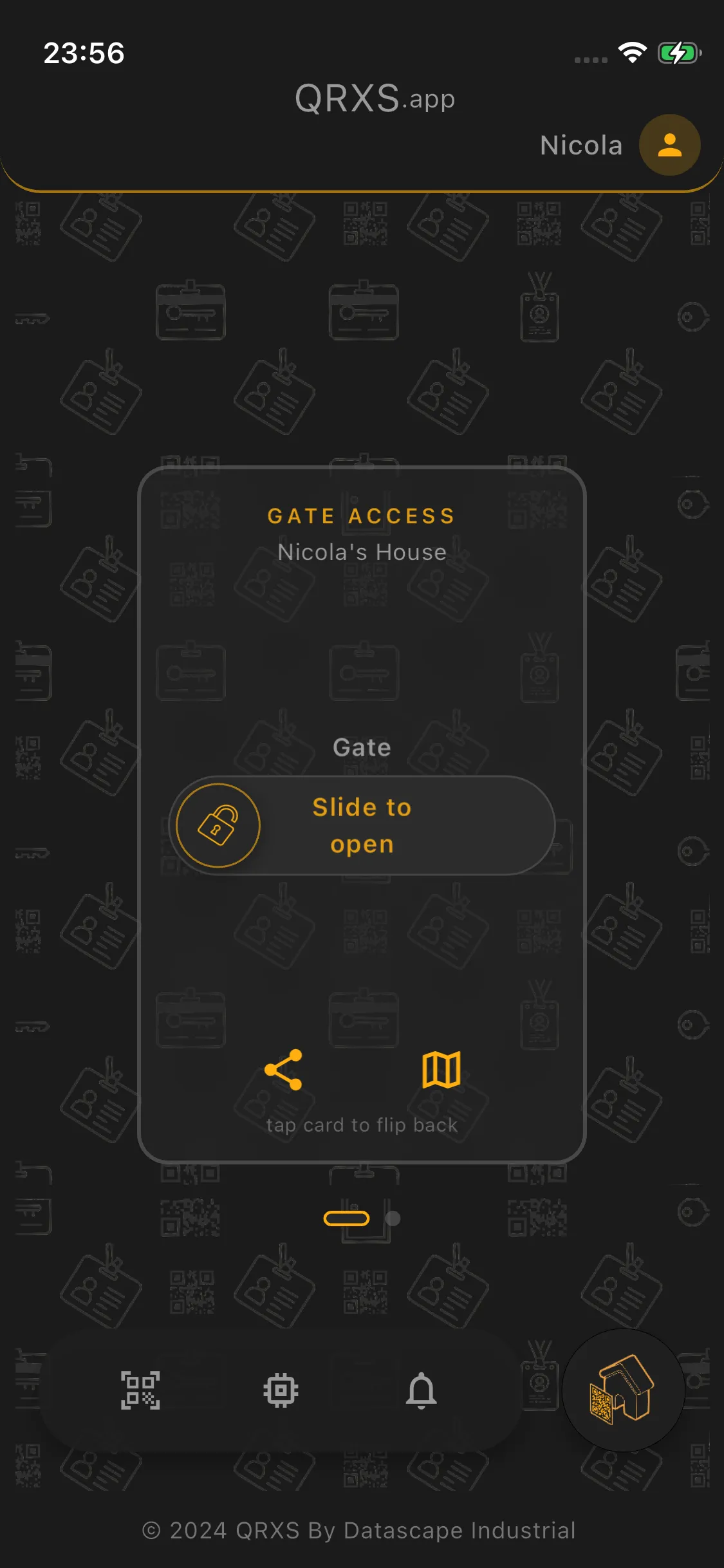 The gate access card in the QRXS app with a slide-to-open control