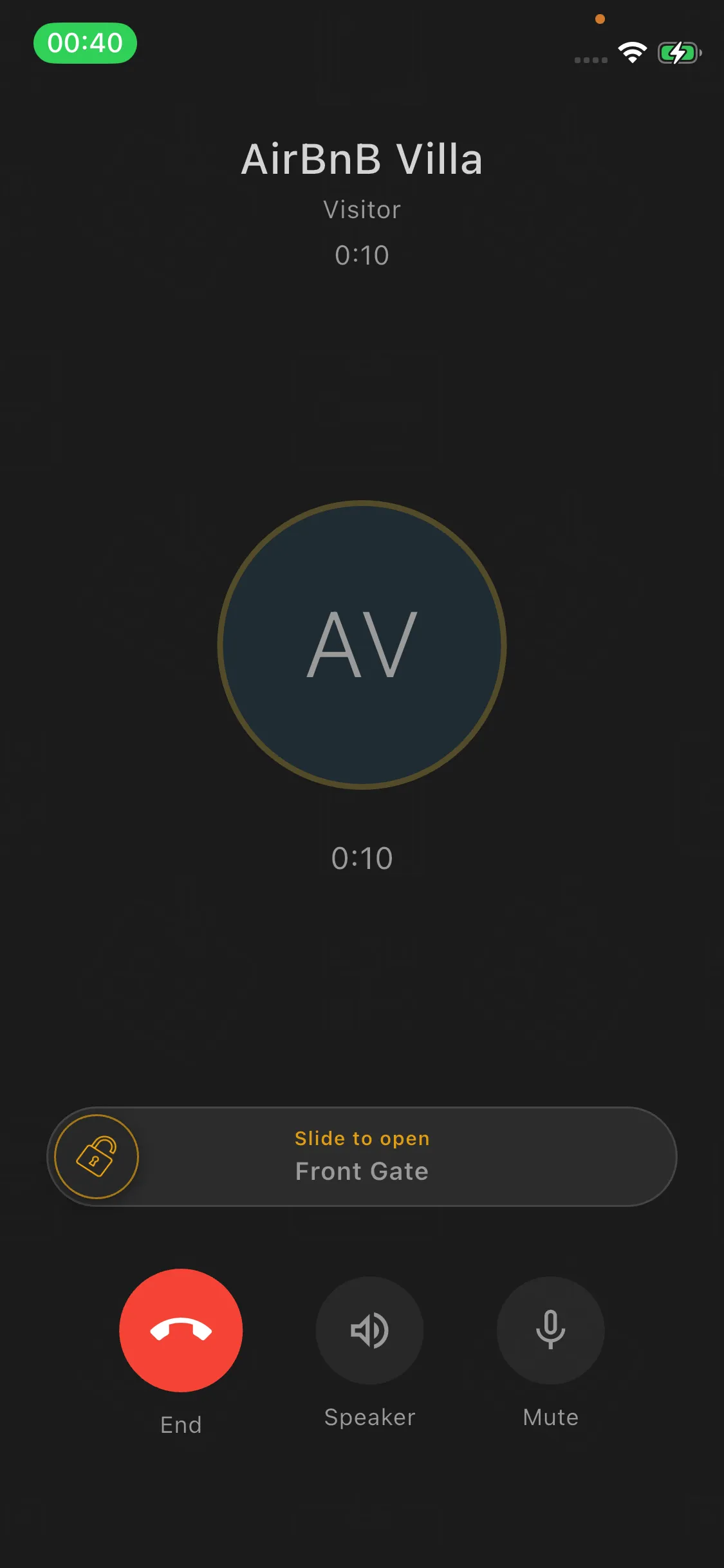 The QRXS app answering a visitor call from the front gate, with a slide-to-open gate control