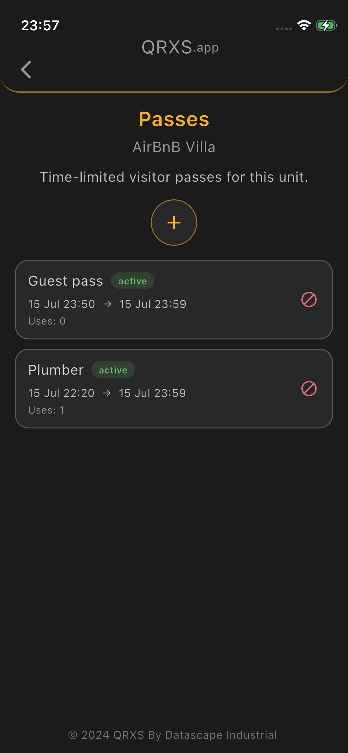 Time-limited visitor passes for a unit in the QRXS app — a guest pass and a plumber pass, both active
