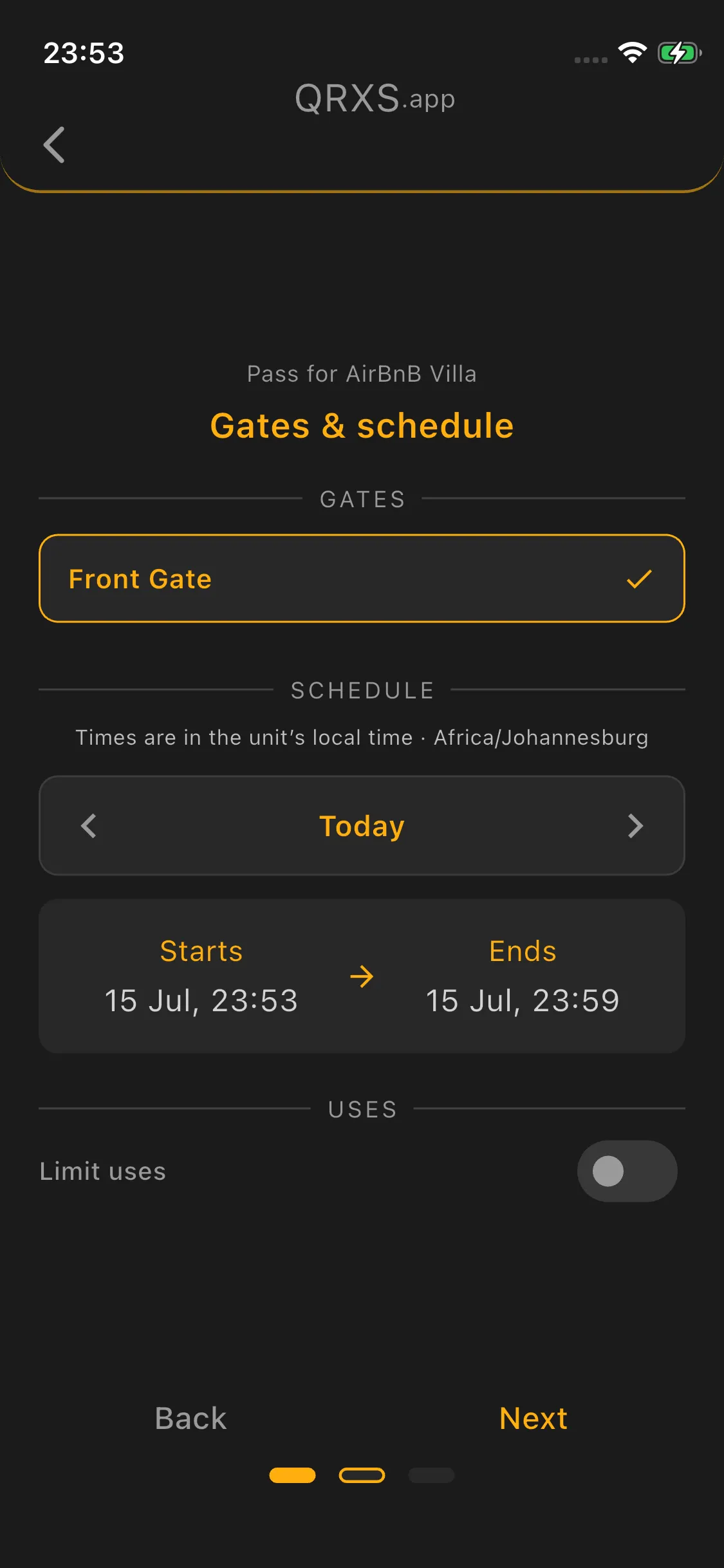 Setting the gates and schedule for time-limited access in the QRXS app
